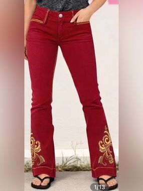 Flamingals Scrollwork Embroidery Mid Waist Flare Leg Red Jeans Size Small NWT